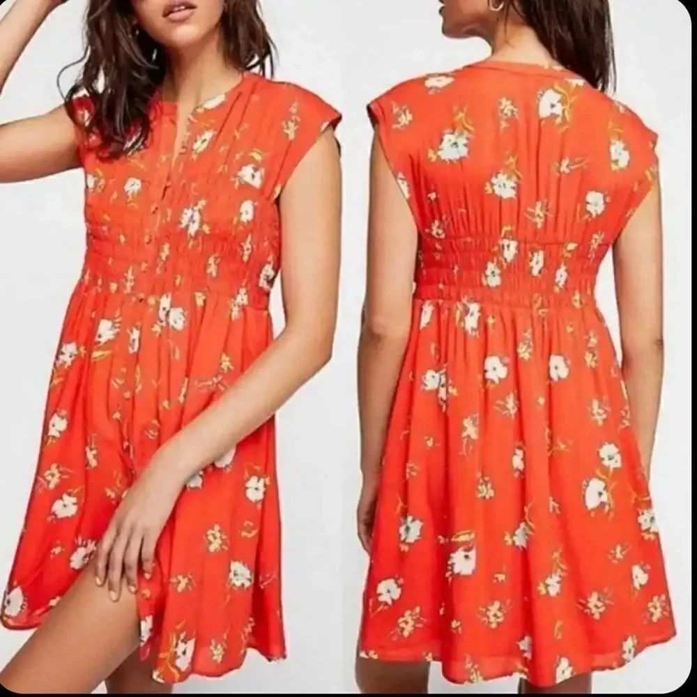 Free People Greatest Day Orange Floral Smocked Minidress Size XS